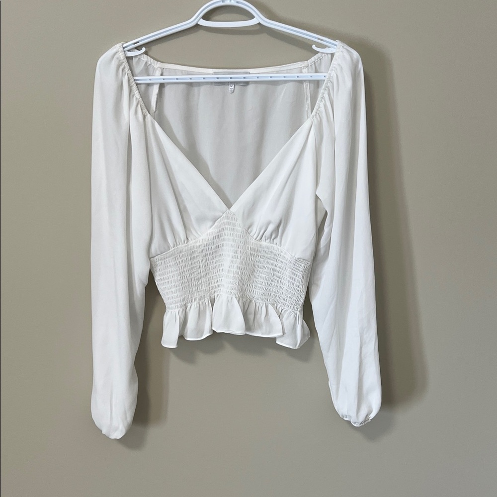 Wayf White Cropped Boho Peasant Blouse Bohemian Minimalist Milkmaid